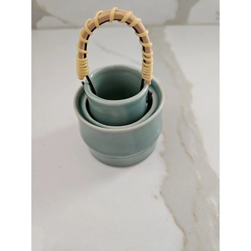 Vintage Celadon Green Glazed Ceramic Nesting Tea Sugar Pots Woven Rattan Handle